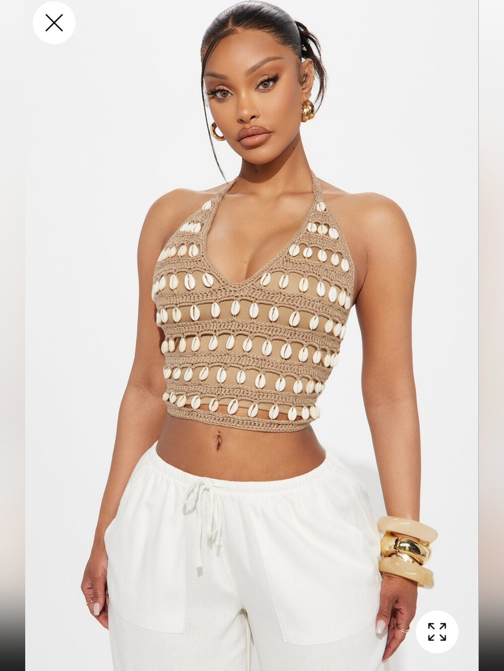 Shell-Embellished Crochet Halter Crop Top - Tan